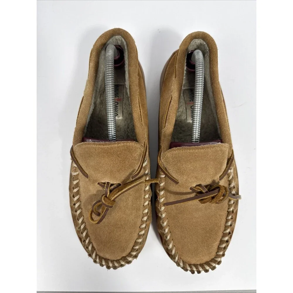 MINNETONKA TAN SUEDE LEATHER MEN'S MOCCASIN SLIPPERS FAUX FUR LINED SZ 10M